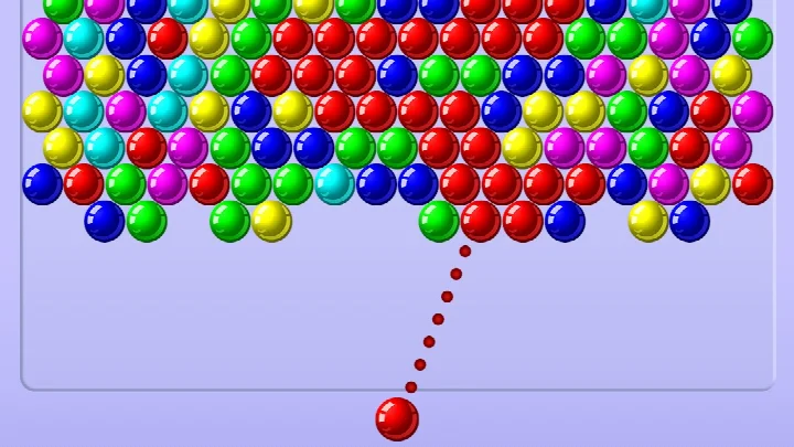 Bubble Shooter - Classic Pop gameplay screen with a laser aim line and rows of colorful bubbles to match.
