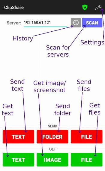 ClipShare file and text sharing view with received items