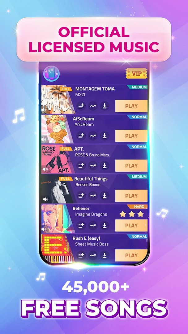 Home screen with song categories and a Play button over a neon musical backdrop.