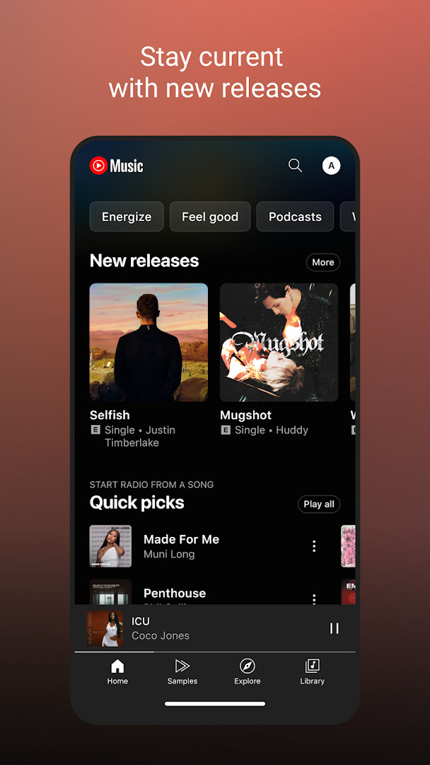 Curated playlist view with genre and activity options