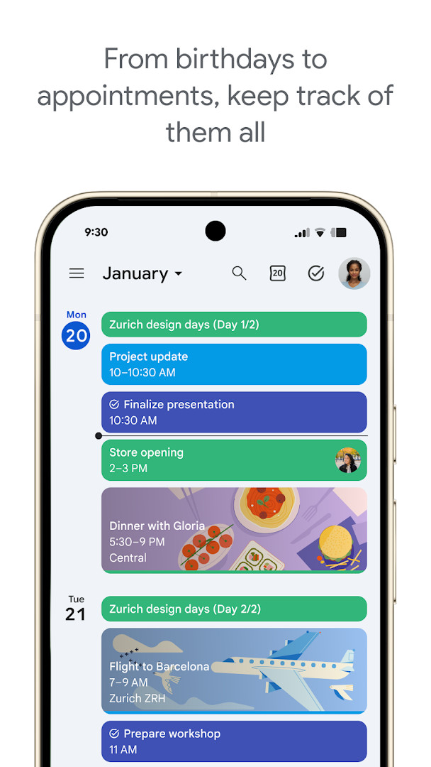 Month view with color-coded events in Google Calendar