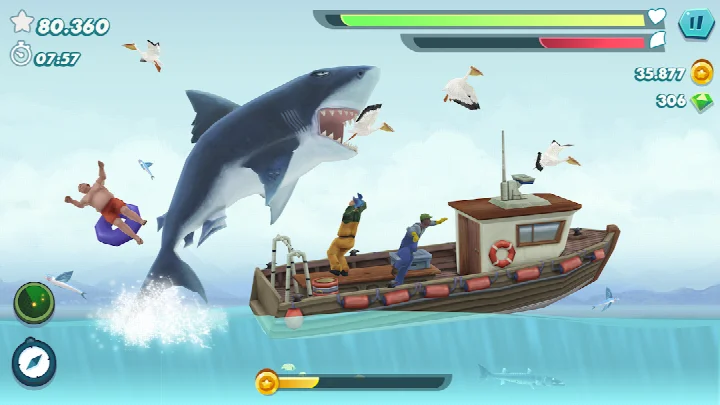 Baby shark companion swimming beside a larger evolved shark in a cave