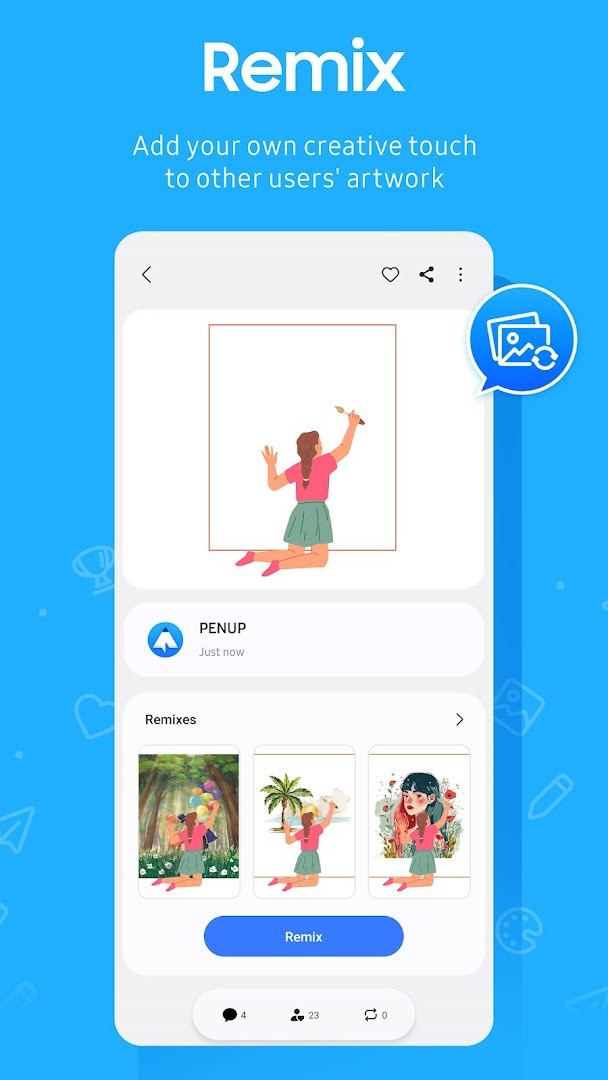 PENUP drawing challenges screen with daily prompts and entrants.