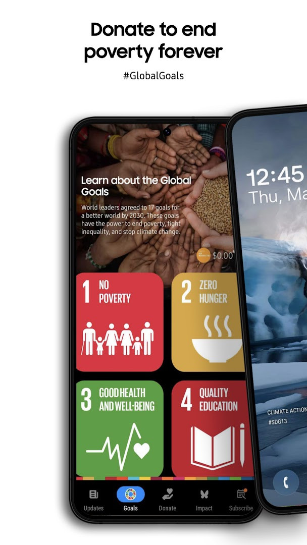 Home screen showing Global Goals progress and donation earnings
