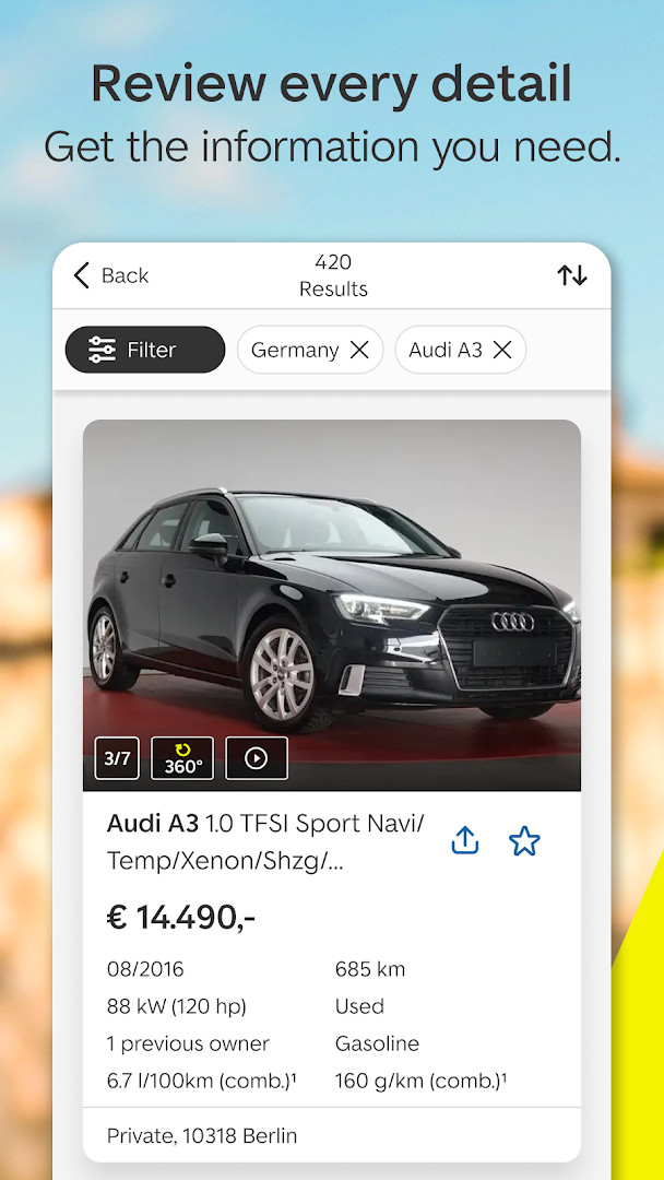 Detailed vehicle page displaying specifications, gallery and dealer contact