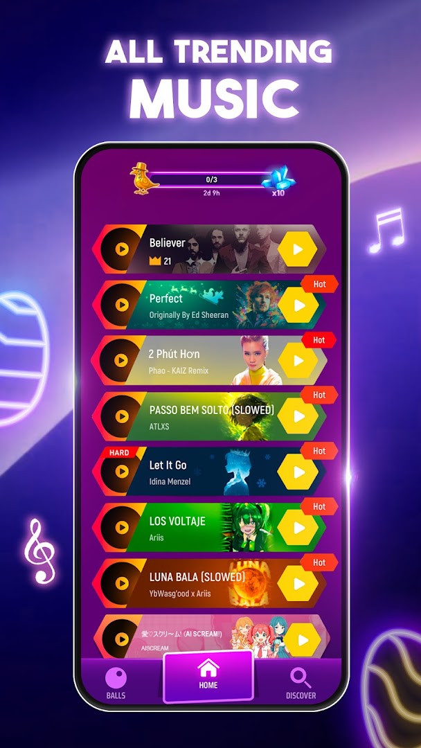 Selection menu for different themed ball skins and trail effects.