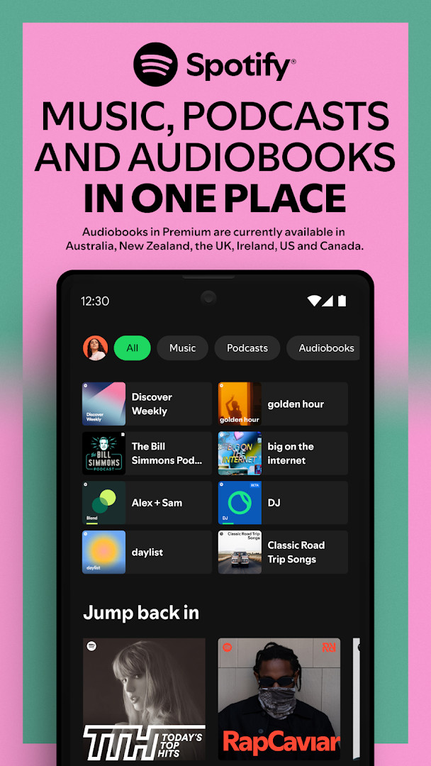 Spotify home screen showing music and podcast recommendations