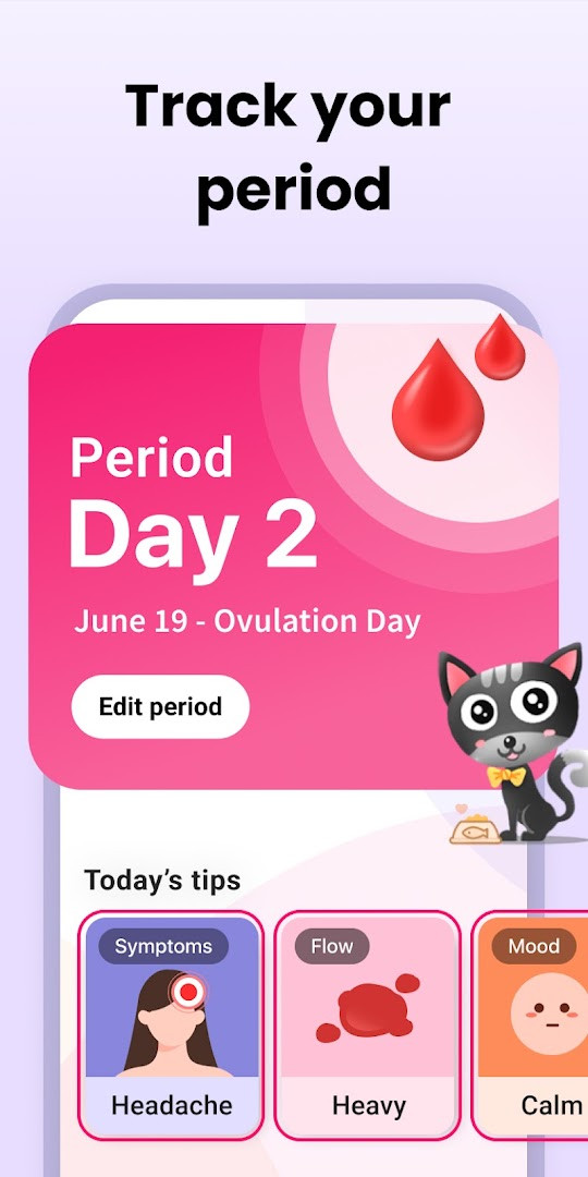 Period tracking screen with flow intensity selector and cycle day display