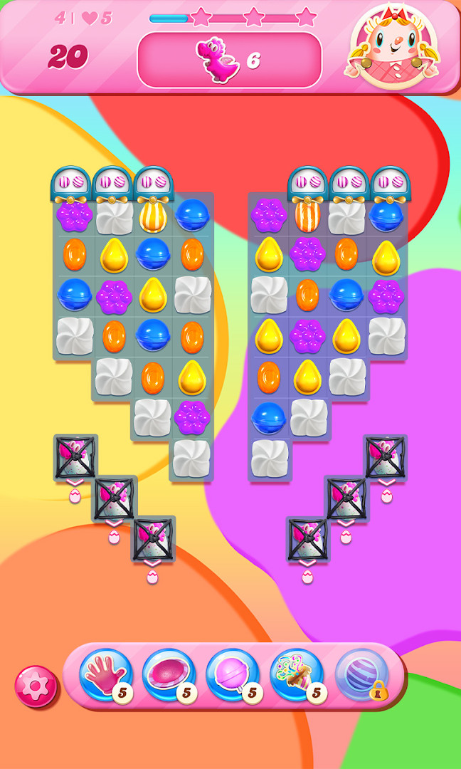 Candy Crush Saga special candies: striped, wrapped, and color bomb candies on the board.