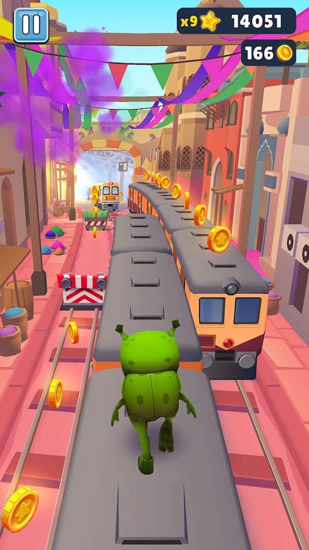 Subway Surfers swipe acrobatics while leaping between passing rails