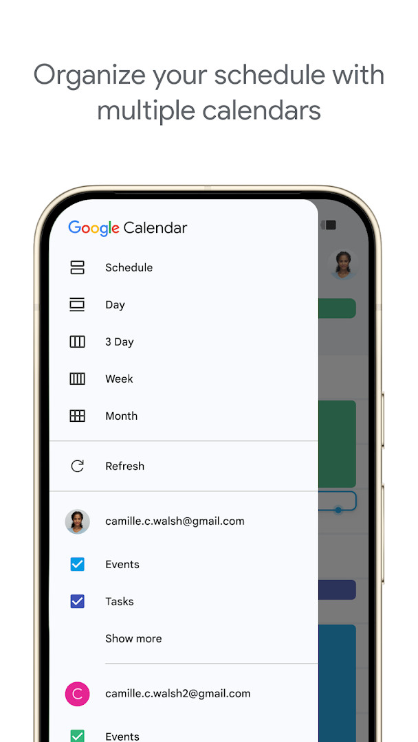 Dark mode calendar interface for low-light use