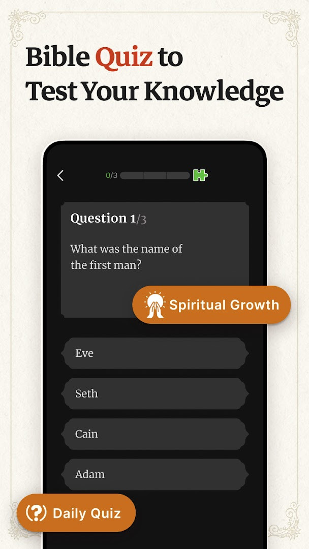Bible Offline-KJV Holy Bible app showing a Bible quiz challenge for interactive learning.