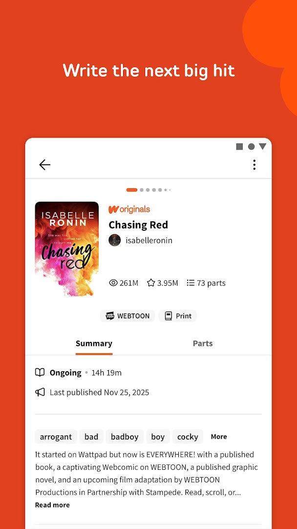 Wattpad browsing screen with genre categories like romance, fantasy, and fanfiction