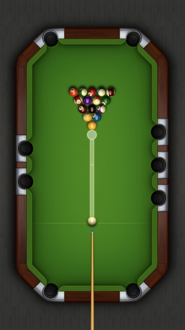 Pooking - Billiards City shot setup with touch control guide for cue movement.