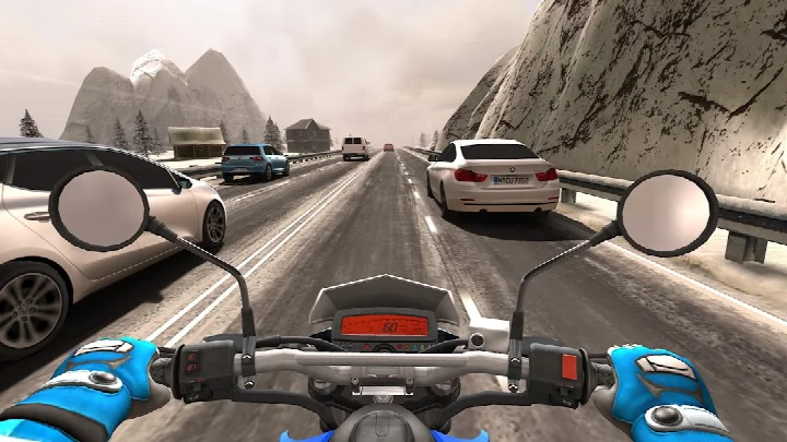 First-person view from a motorcycle in Traffic Rider during a daytime highway ride.