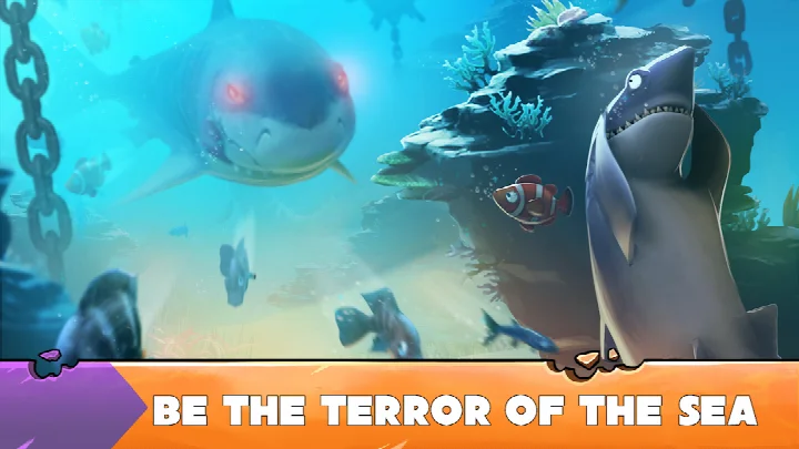 Megalodon shark chasing a whale in deep blue water with a health bar visible