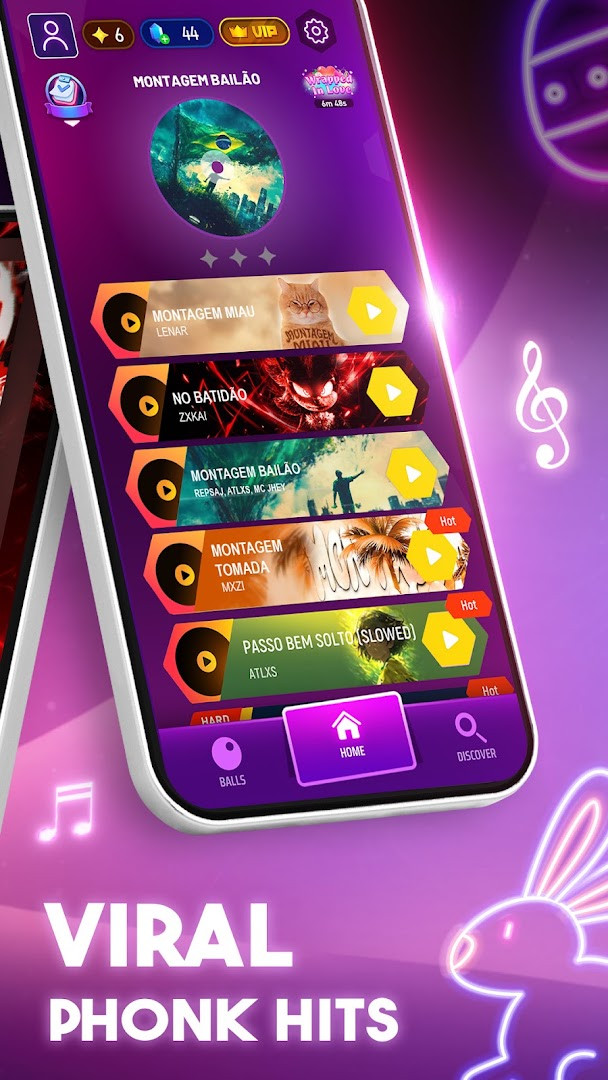 Library view with colorful song album covers to choose from for rhythm challenges.