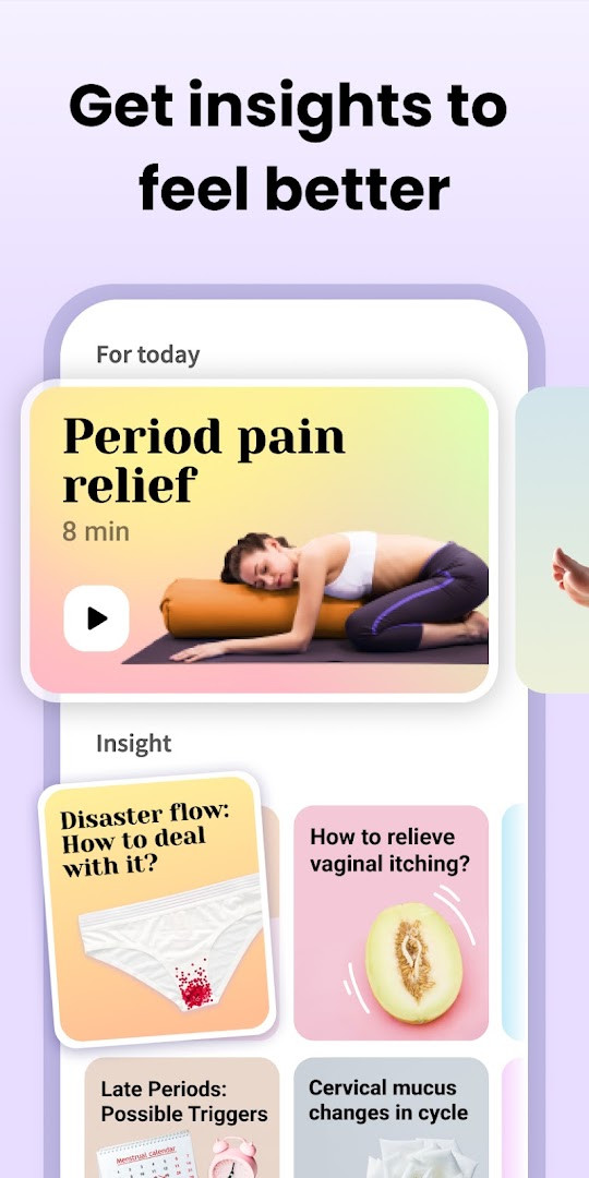Symptom and mood logging screen with icons for cramps, headache, and emotions