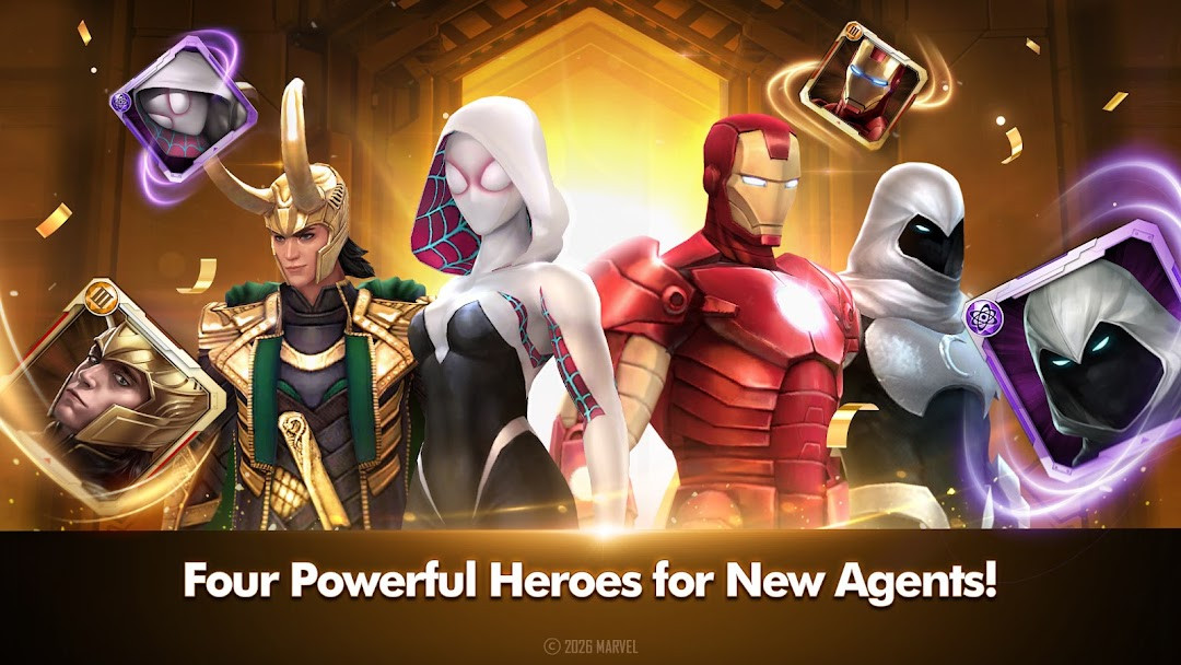 MARVEL Future Fight screenshot showing a roster of over 200 Marvel characters available to play