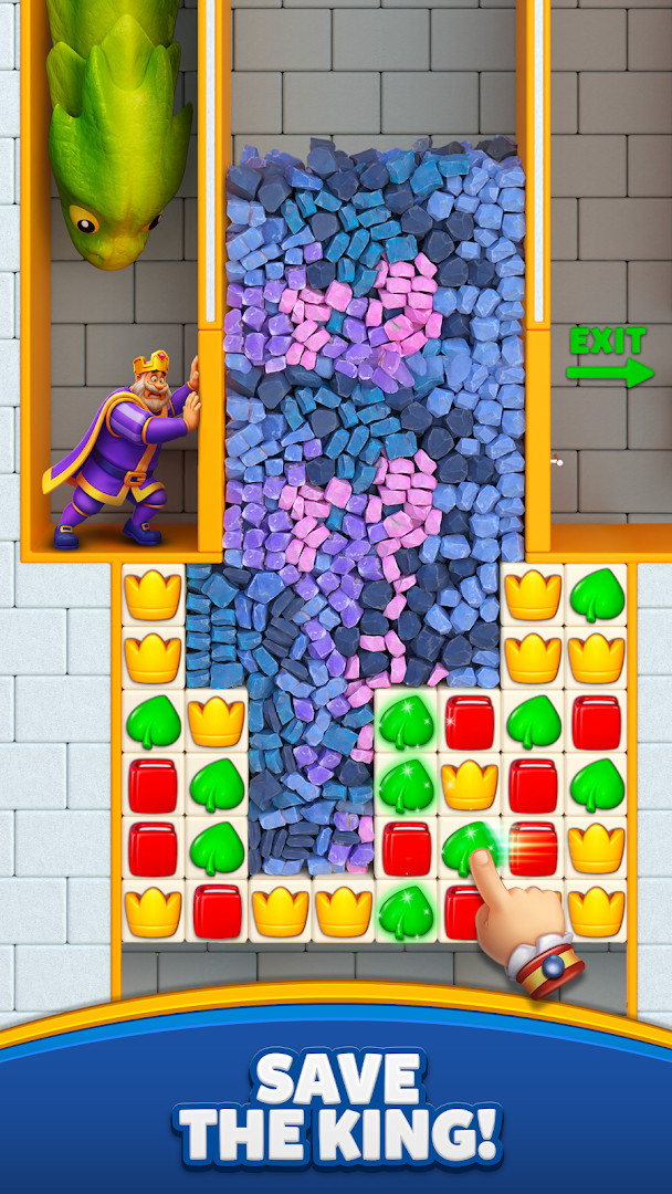 Screenshot showing a match-3 puzzle board with colorful gems and a castle background.