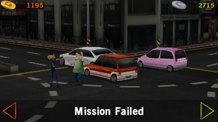 Results screen showing driving score, coins earned, and speed rating after a mission.
