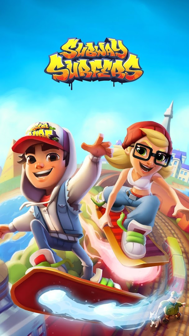 Subway Surfers gameplay: Jake dodging oncoming trains across colorful tracks