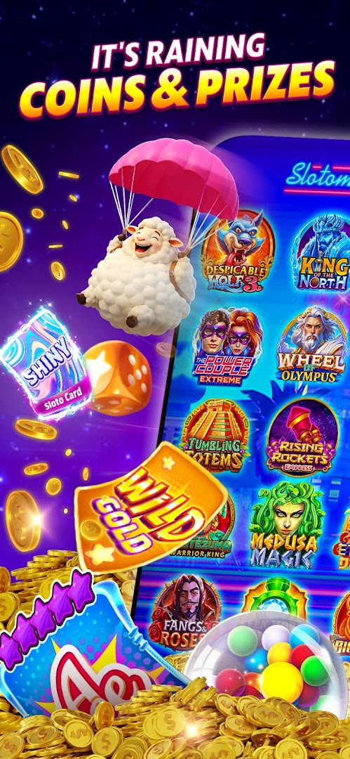 SlotomaniaTM Slots Casino Games showing a row of slot machines with spin controls.