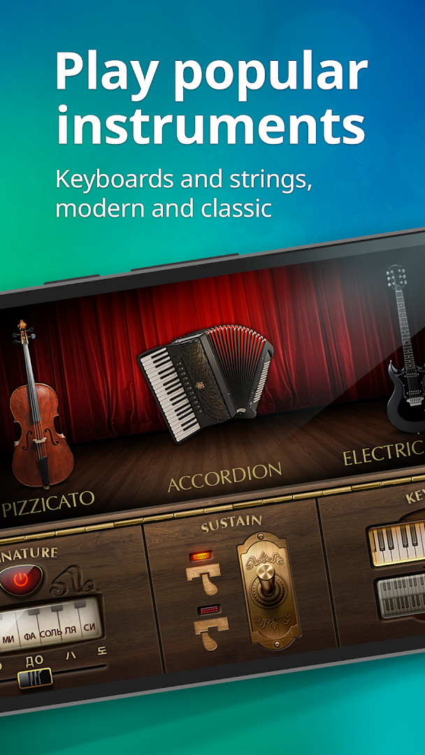 Piano - Music Keyboard & Tiles instrument list with grand piano, organ, harpsichord, accordion and guitar sounds