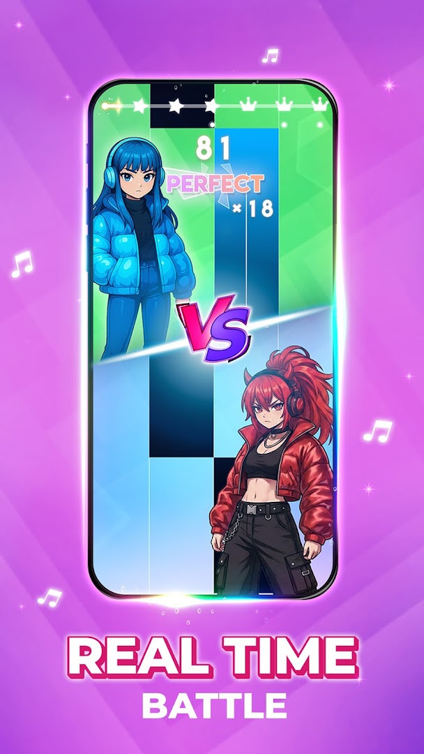 Multiplayer battle mode showing two players competing on split piano lanes in real time.