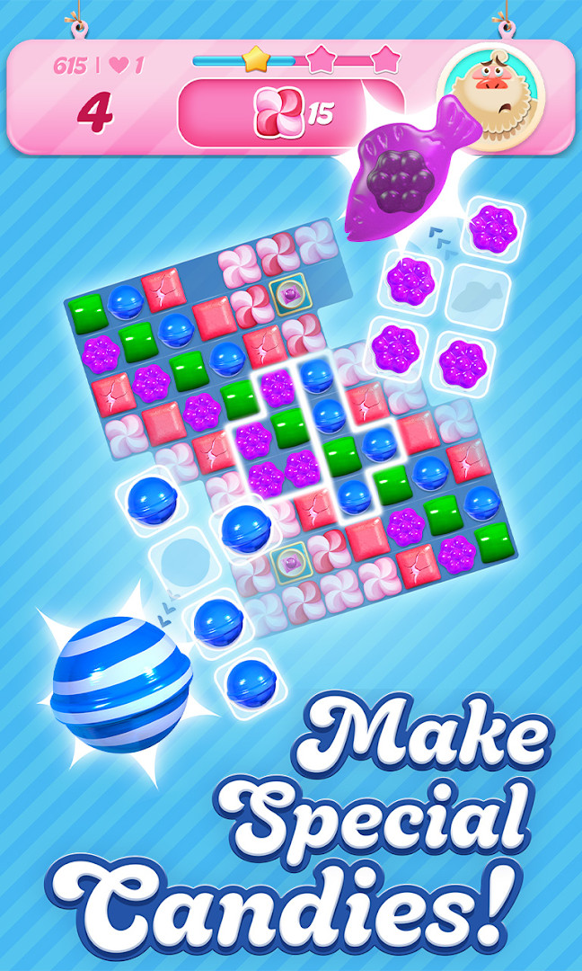 Candy Crush Saga gameplay: matching bright candies on a grid, with a score bar at top.