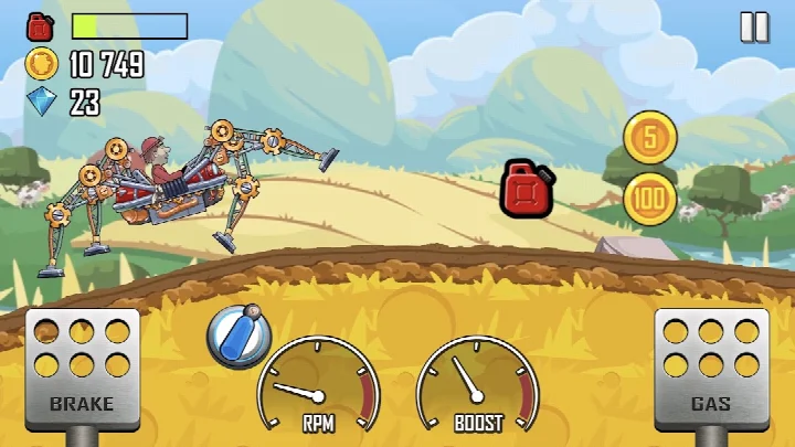 Hill Climb Racing car upgrade screen with custom parts and skins