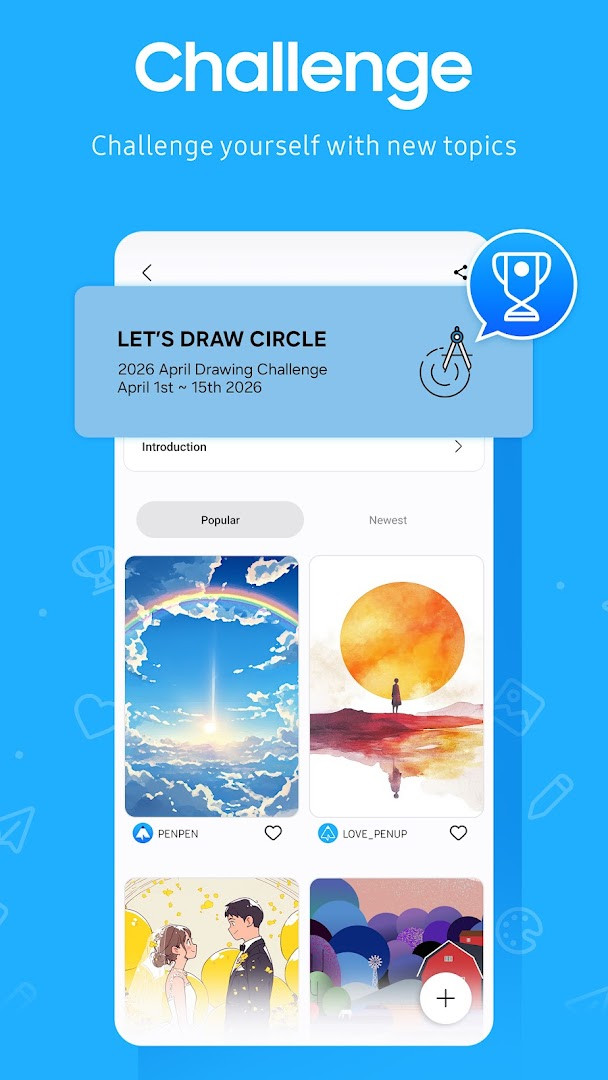 PENUP profile screen showing posted drawings and follower activity.