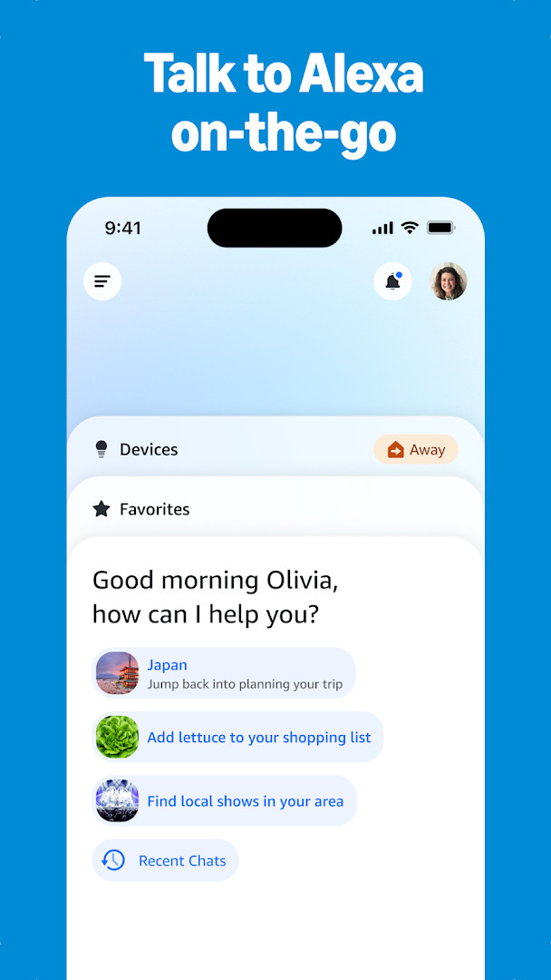 Amazon Alexa home feed with personalized feature recommendations and recently played music