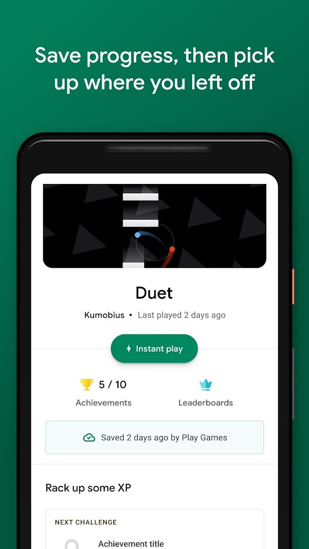 Google Play Games progress saved screen with cloud sync confirmation.