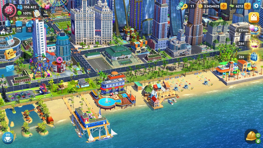 SimCity BuildIt gameplay screenshot showing a busy metropolis with skyscrapers, parks, and roads.
