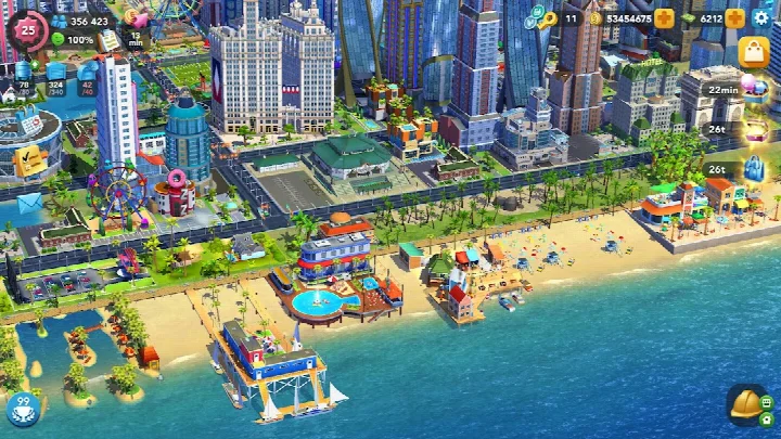 SimCity BuildIt gameplay screenshot showing a busy metropolis with skyscrapers, parks, and roads.