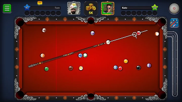 8 Ball Pool gameplay view with a cue stick aiming at the cue ball on a green table