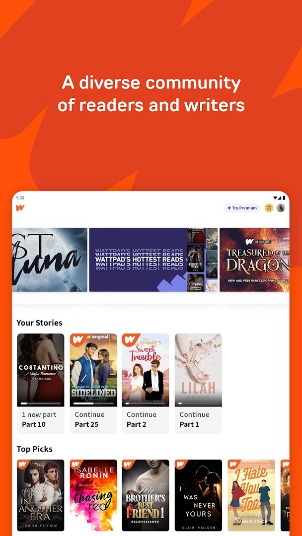 Wattpad profile screen summarizing a user's library, reading progress, and activity