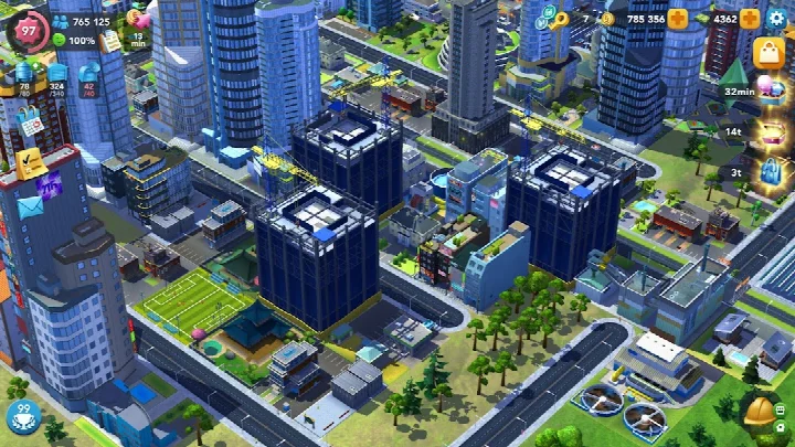 SimCity BuildIt screenshot of a train station and rail network being expanded in the city.