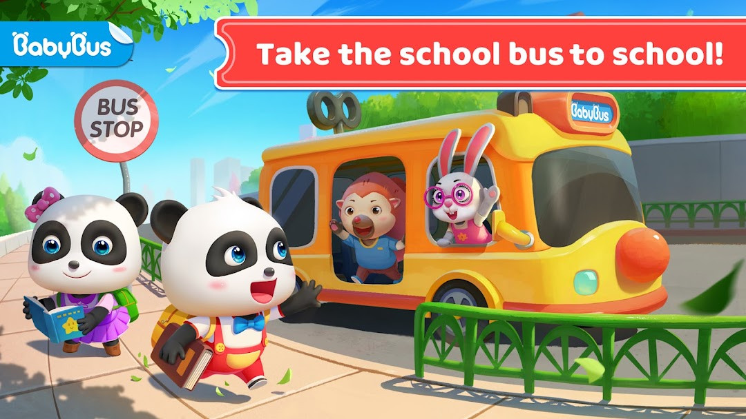 Selecting a vehicle type in Baby Panda's School Bus, including a school bus and fire truck