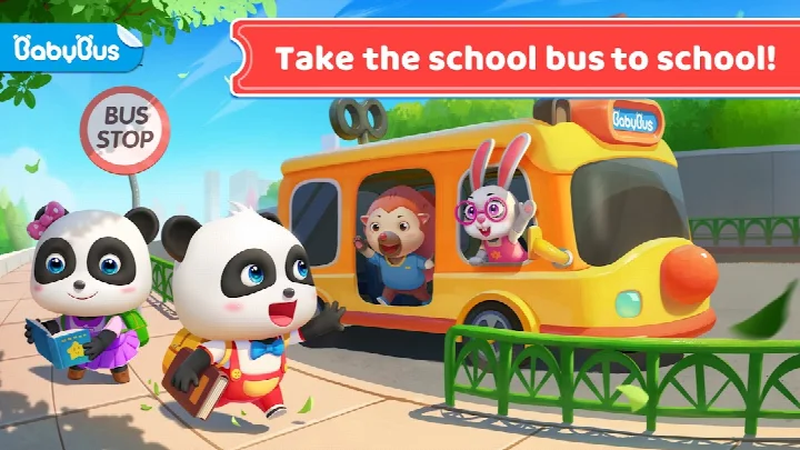 Selecting a vehicle type in Baby Panda's School Bus, including a school bus and fire truck