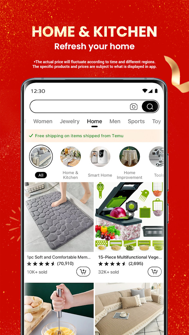 Temu product discovery page with thousands of new shops and items