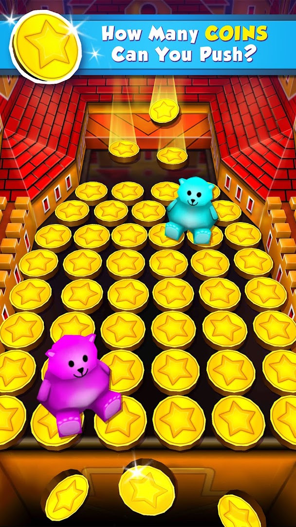Screenshot showing the main coin pusher machine with coins being pushed off the edge.