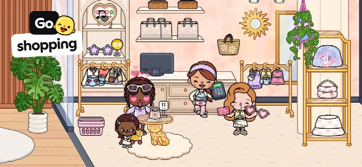 Toca Boca World screenshot of character creation with hair, face, and outfit options.