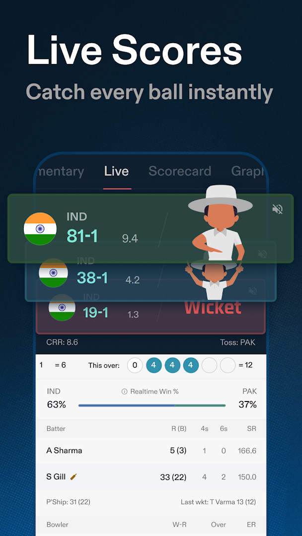Live match scorecard with ball-by-ball commentary