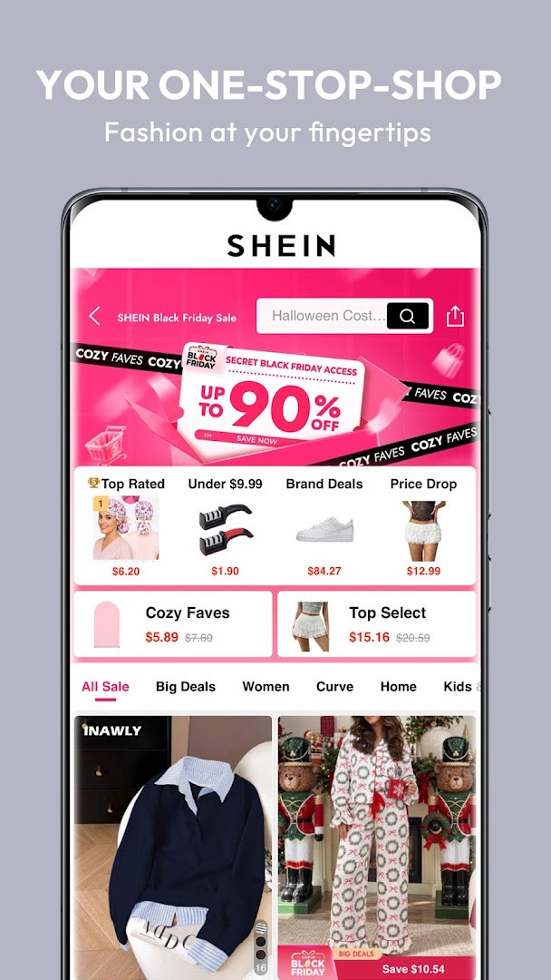 SHEIN-Shopping Online flash sale page with up to 90% off items.