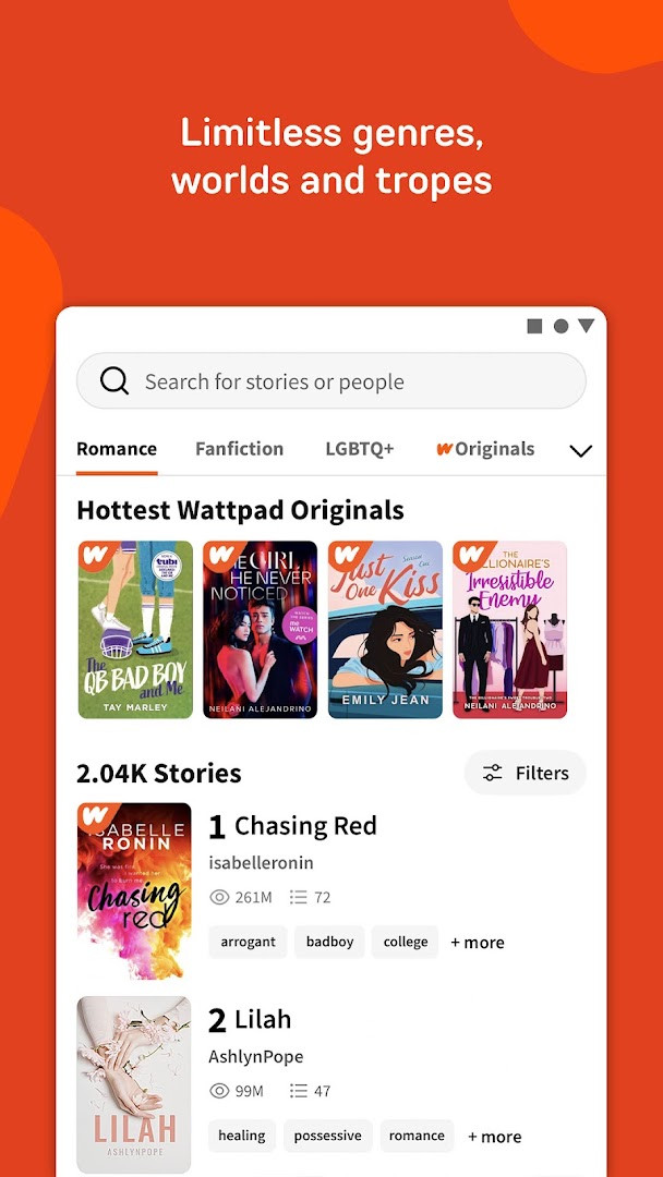 Wattpad library screen where readers organize saved stories and reading lists