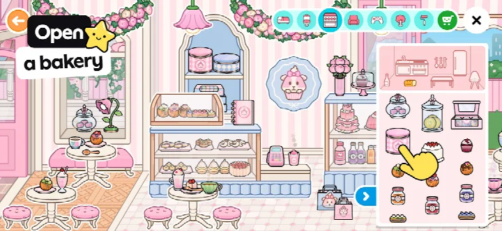 Toca Boca World screenshot of a café roleplay scene with a chef and customers.
