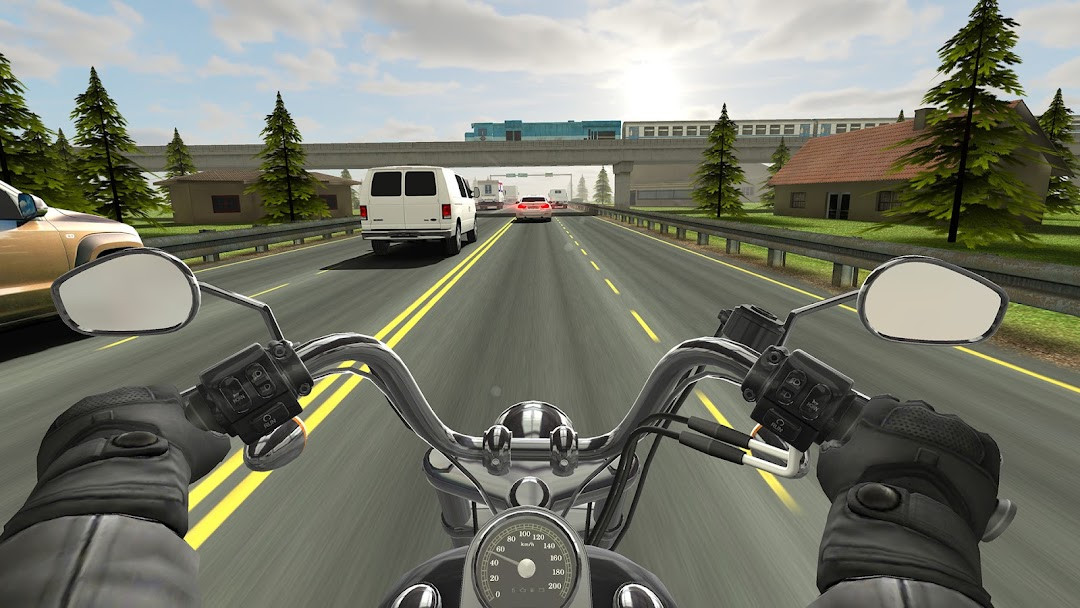 Traffic Rider main menu with career missions and bike selection highlighted.