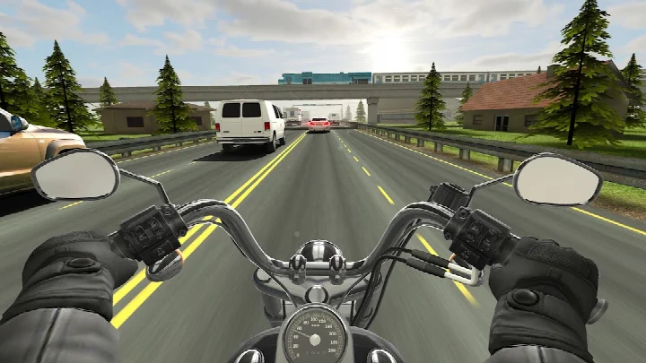 Traffic Rider main menu with career missions and bike selection highlighted.